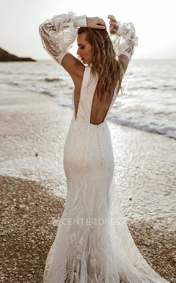 Bohemian Mermaid Lace Beach Wedding Dress With Long Sleeve And Open Back