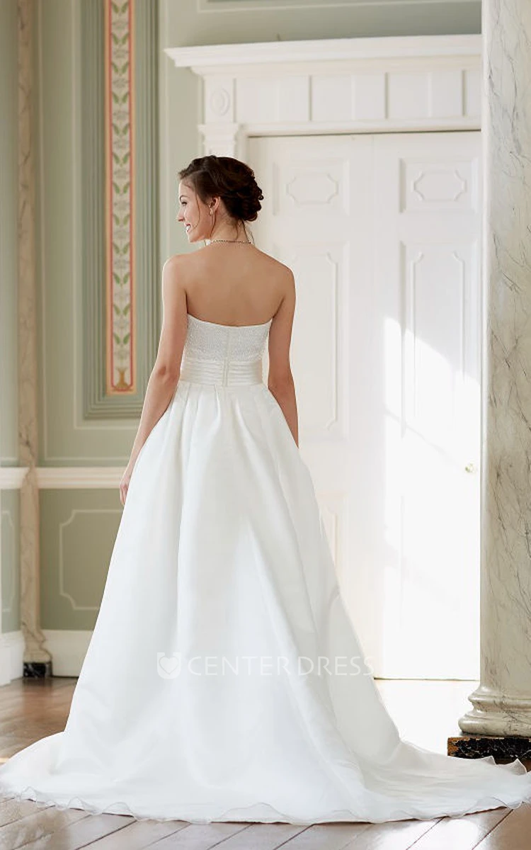 A-Line Beaded Strapless Sleeveless Long Satin Wedding Dress With Backless Style And Court Train
