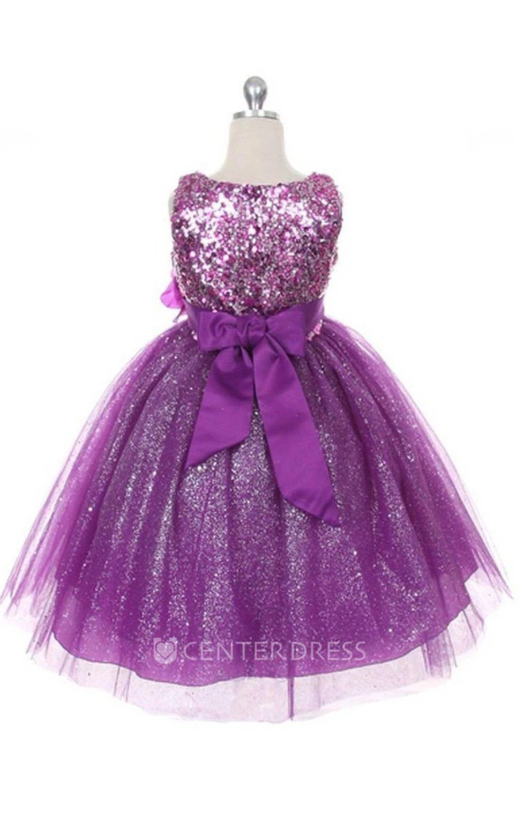 Sleeveless A-line Sequined Dress With Flower and Bow