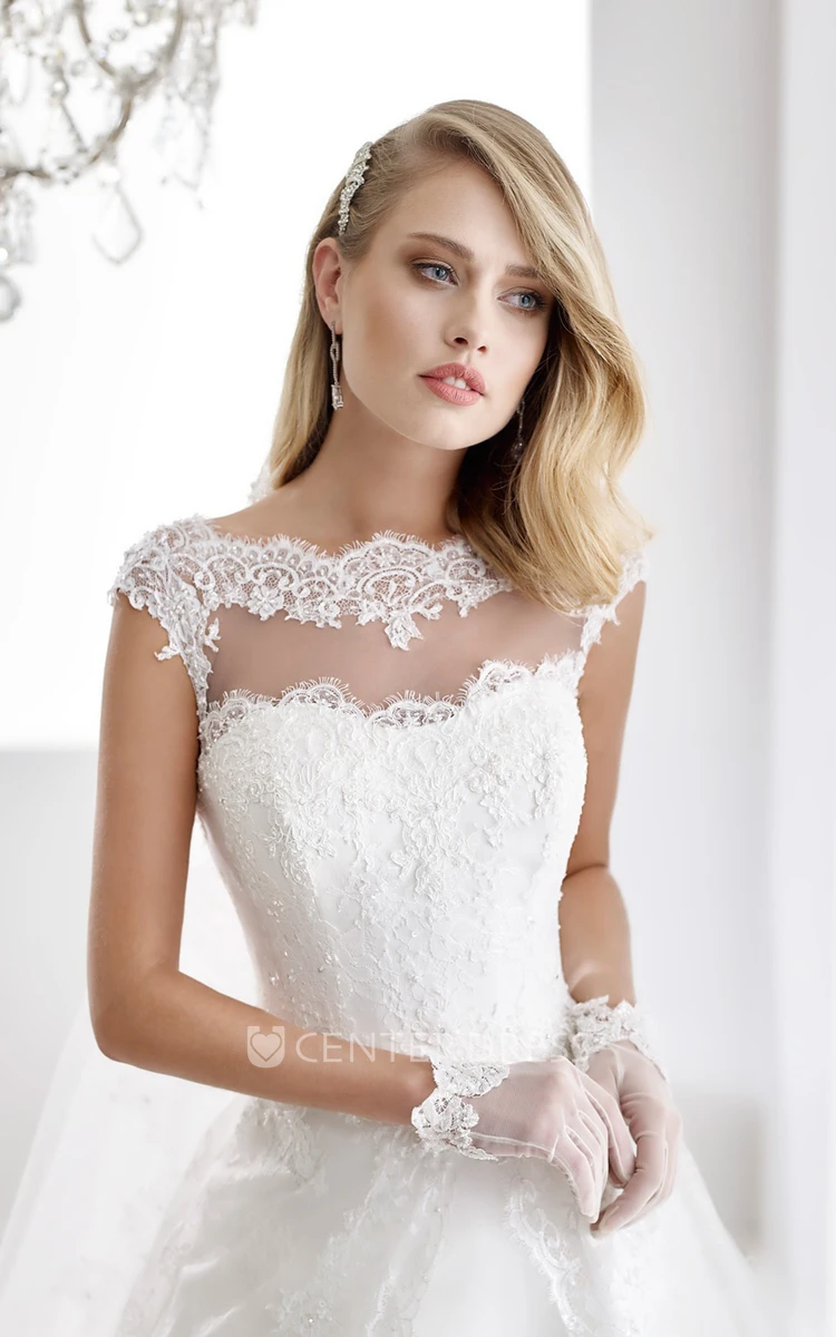 Scalloped-neck Cap-sleeve A-line Wedding Gown with V Back and Front-split Overlayer
