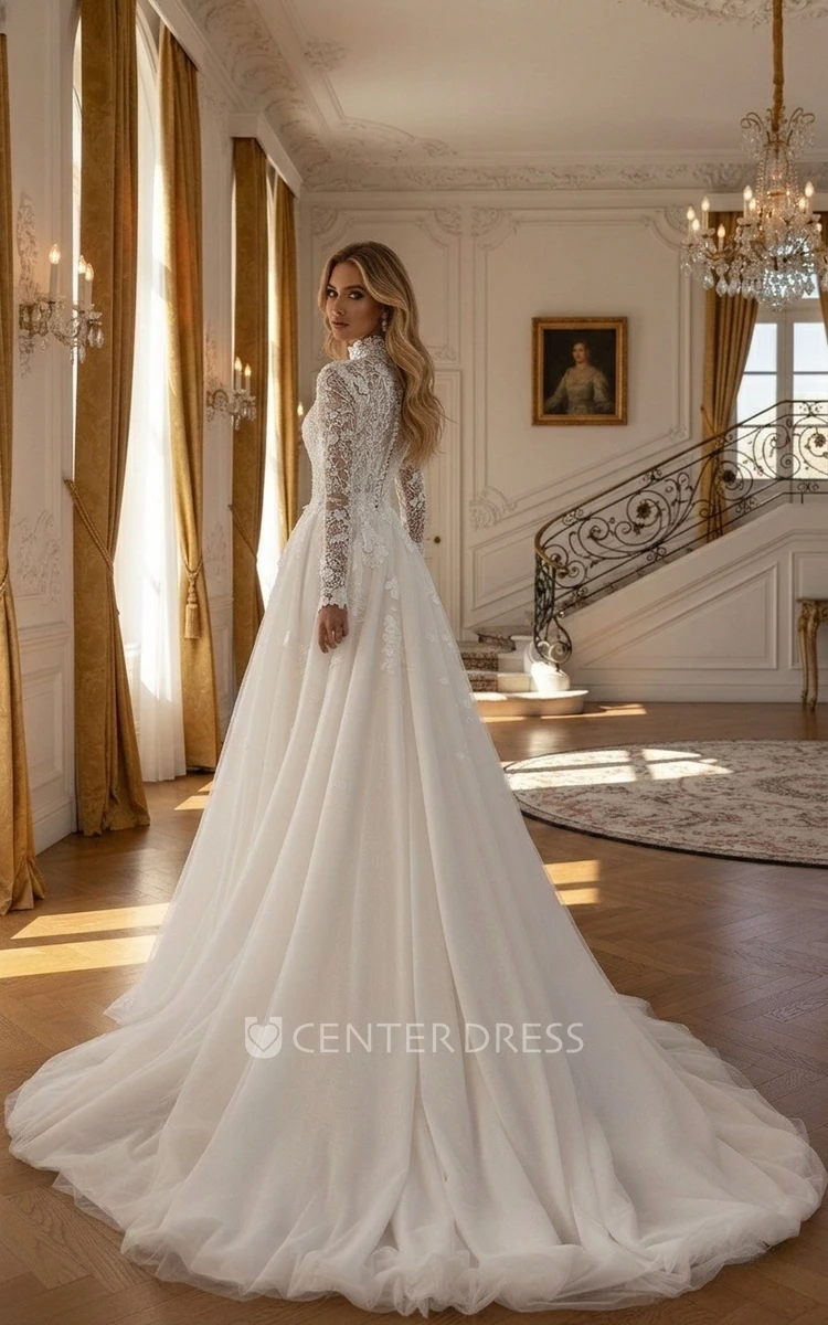 Long-Sleeve Modest Lace Wedding Dress High Neck A-Line Flower Bridal Gown