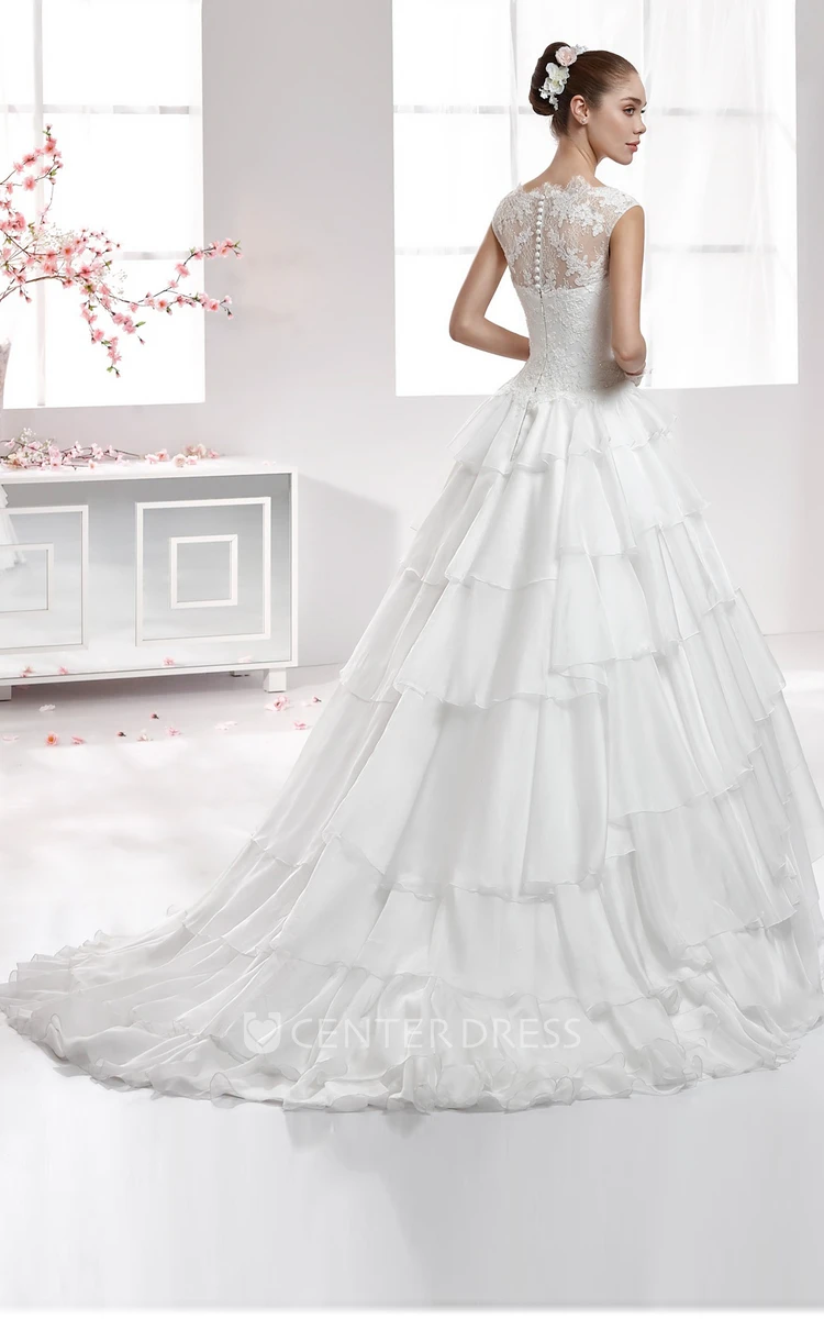 Cap-Sleeve A-Line Gown With Tier Skirt And Scalloped Edge Neckline