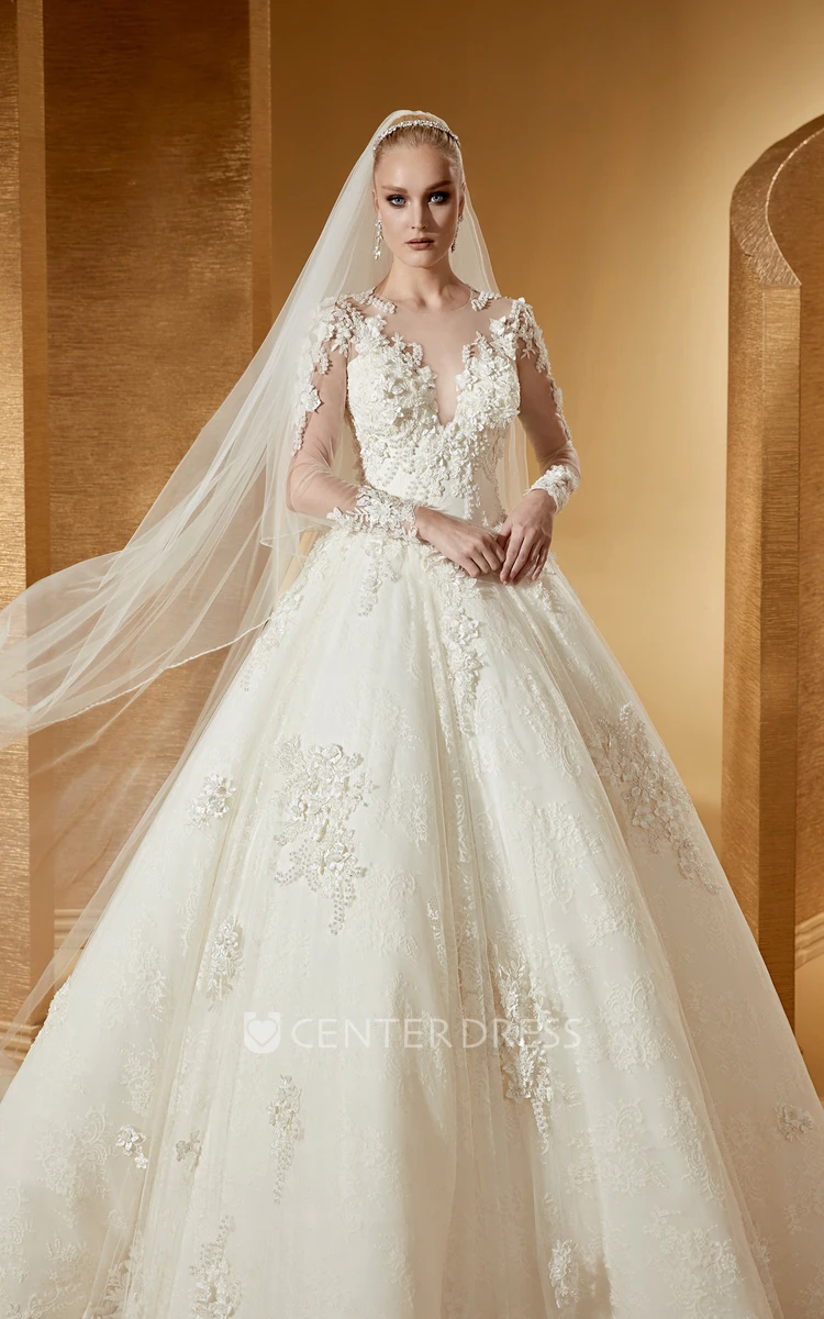 Vintage Long-Sleeve Ball Gown With Fine Appliques And Illusive Jewel Neck