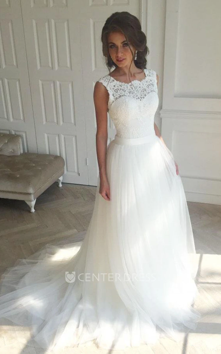 A Line Jewel Lace Tulle Lace-up Corset Back Low-V Back Wedding Gown