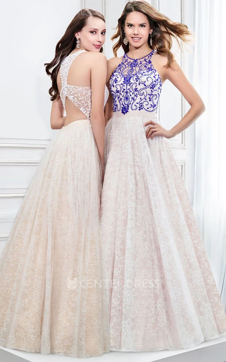A-Line Scoop Neck Sleeveless Beaded Lace Prom Dress With Pleats