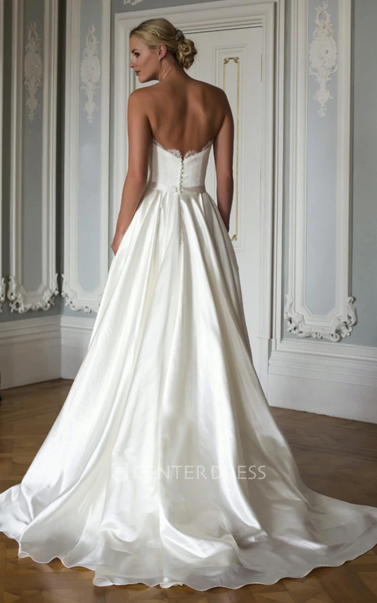 A-Line Sweetheart Floor-Length Satin Wedding Dress With Appliques And V Back