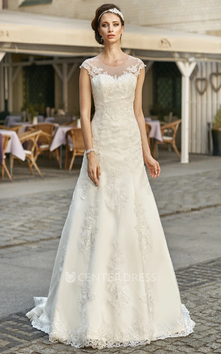 A-Line Appliqued Cap-Sleeve Scoop-Neck Floor-Length Lace&Satin Wedding Dress