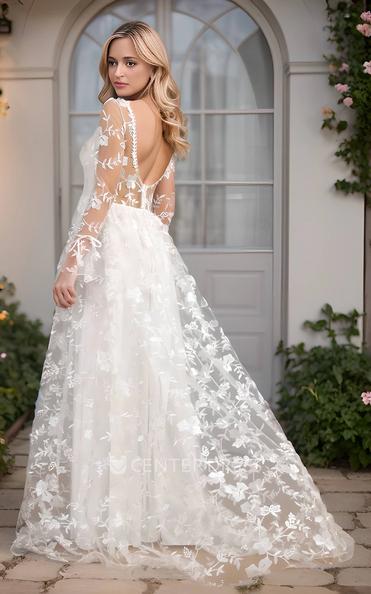 Elegant Long Sleeve Wedding Dress A-Line V-neck Floor-length Illusion Back