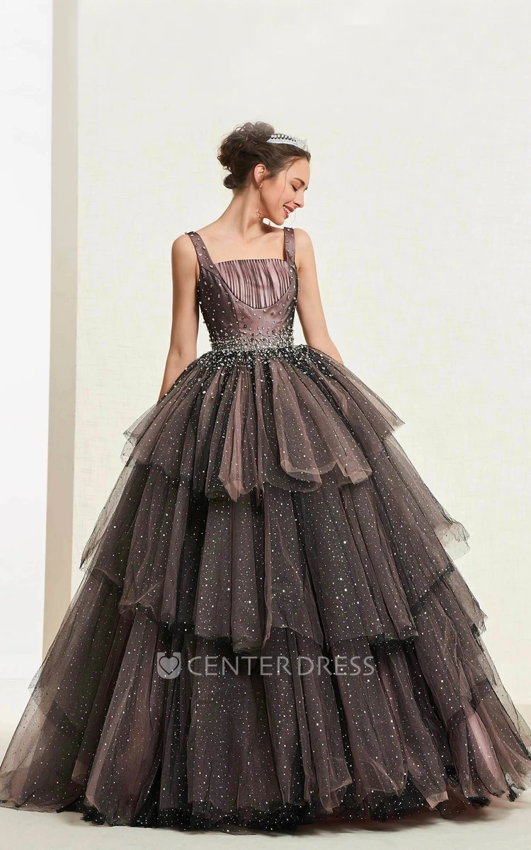 Luxury Lace-up Square Neckline Vintage Beaded Sleeveless Ballgown With Ruffled Tiers