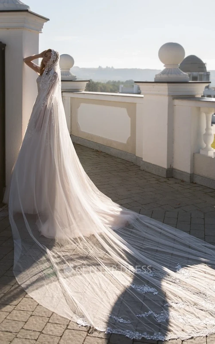 Ethereal A Line Ball Gown Floor-length Long Sleeve Tulle Wedding Dress with Appliques