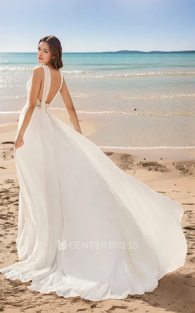 Simple Elegant Chiffon Lace A-Line Plunging Neckline Wedding Dress Solid Chic Ethereal Floor-length Backless Sleeveless Bridal Gown with Train