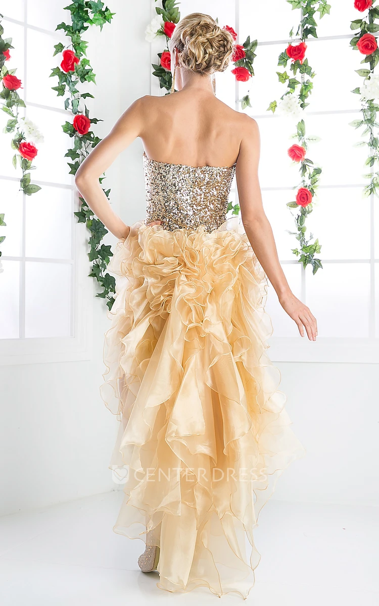 A-Line High-Low Strapless Sleeveless Organza Zipper Dress With Beading And Ruffles