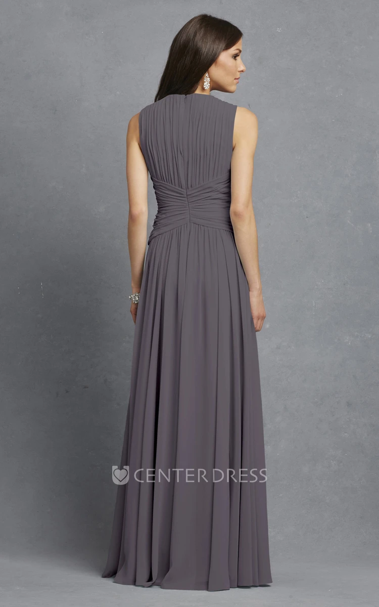 Sleeveless Chiffon V-Neck Dress With Crisscross Ruching