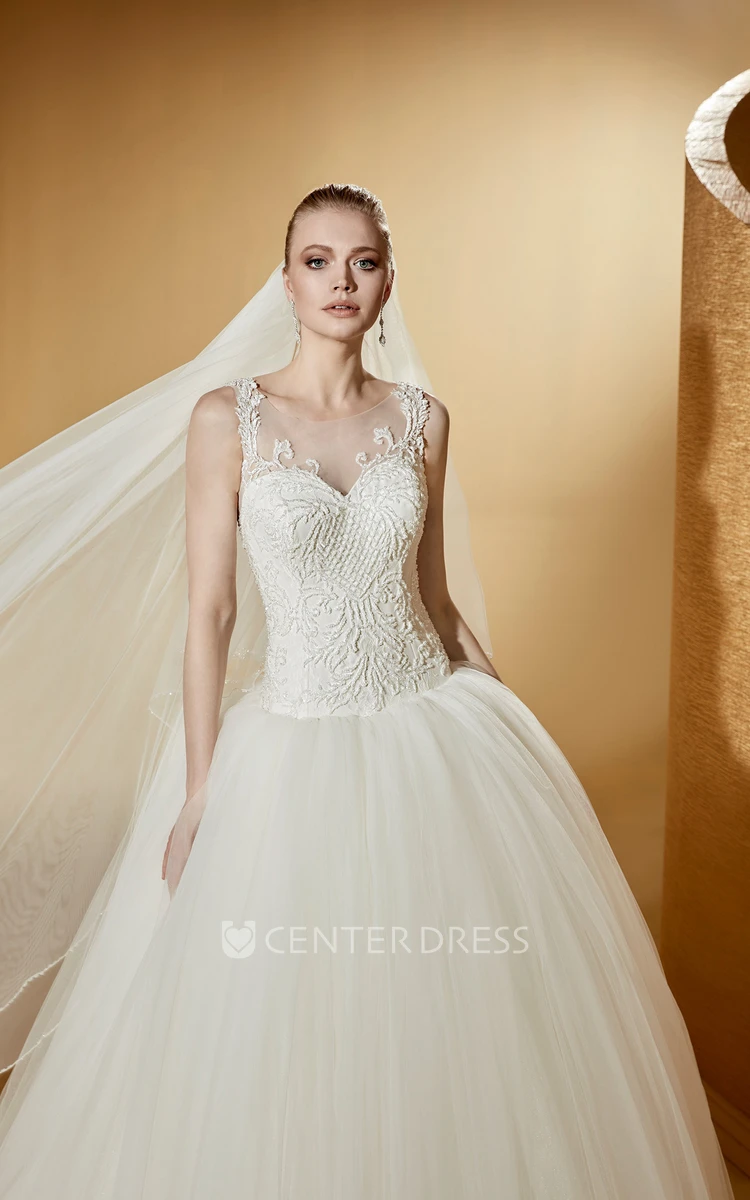 Illusive Jewel neck Wedding Gown with Exquisite Appliques and Puffy Skirt
