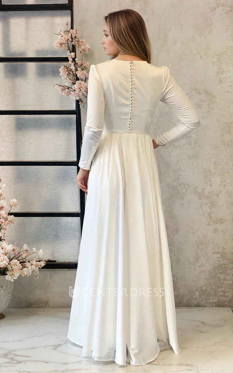 Sheath Elegant Bateau Satin Modest Floor Length Dress With Button Down