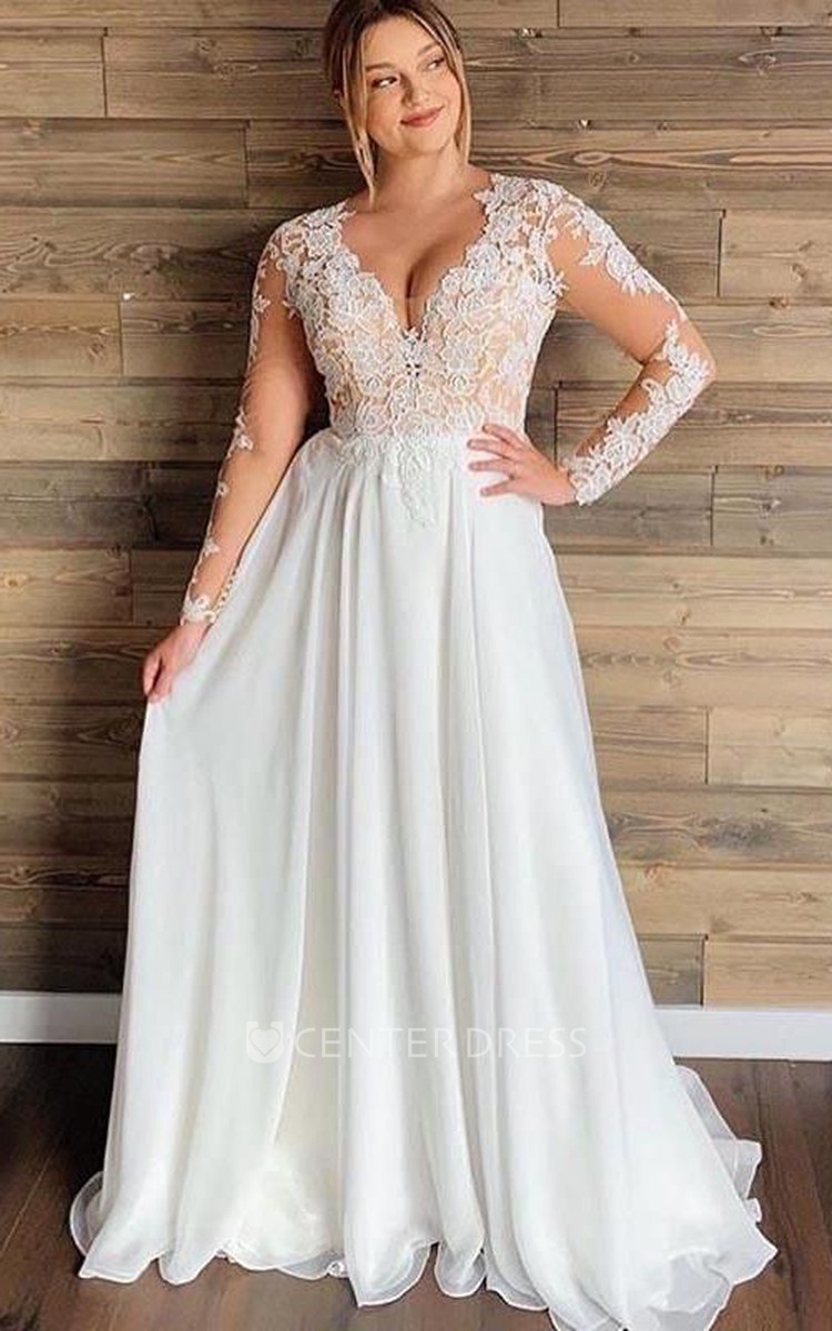 Chiffon wedding dress cheap with illusion lace sleeves