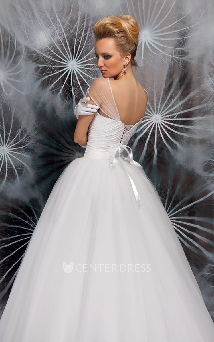 Bateau Floor-Length Floral Tulle Wedding Dress With Ruching And Lace Up
