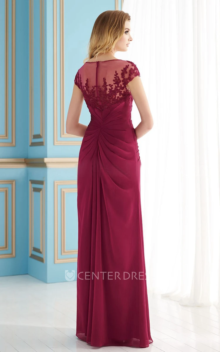 Cap-Sleeved Floor-Length Mother Of The Bride Dress With Front Slit And Lace Detail