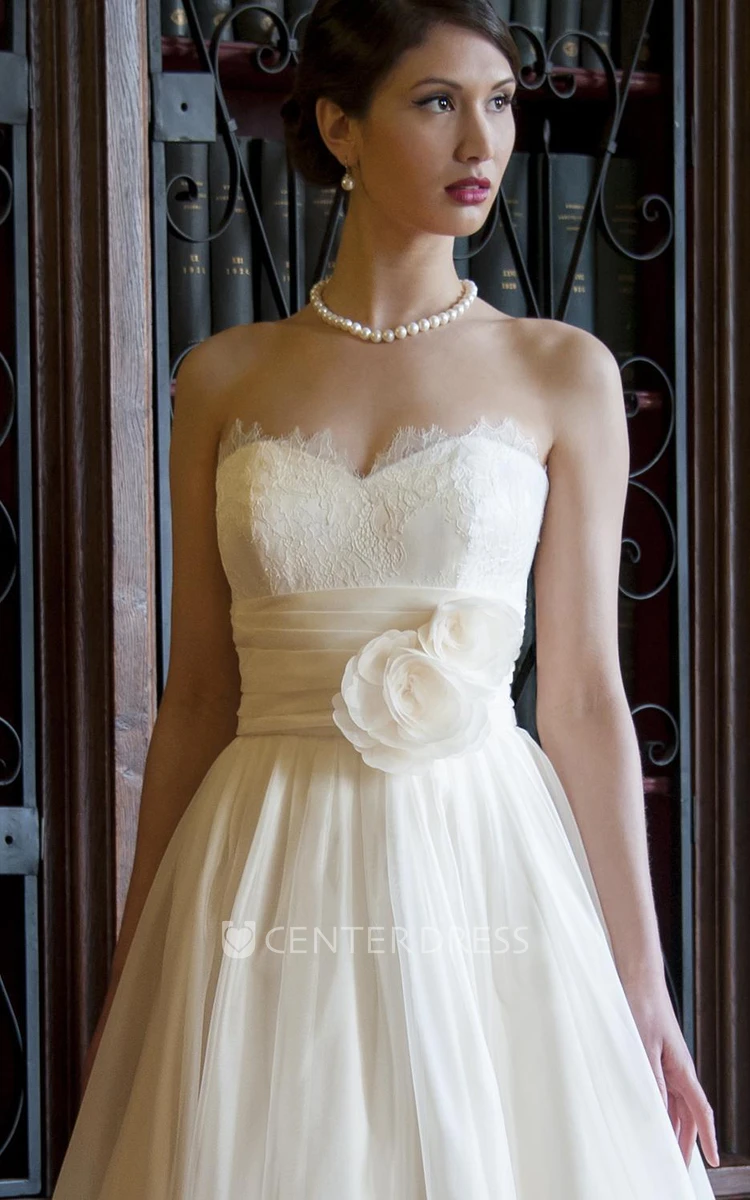 A-Line Sweetheart Floor-Length Tulle&Satin Wedding Dress With Flower