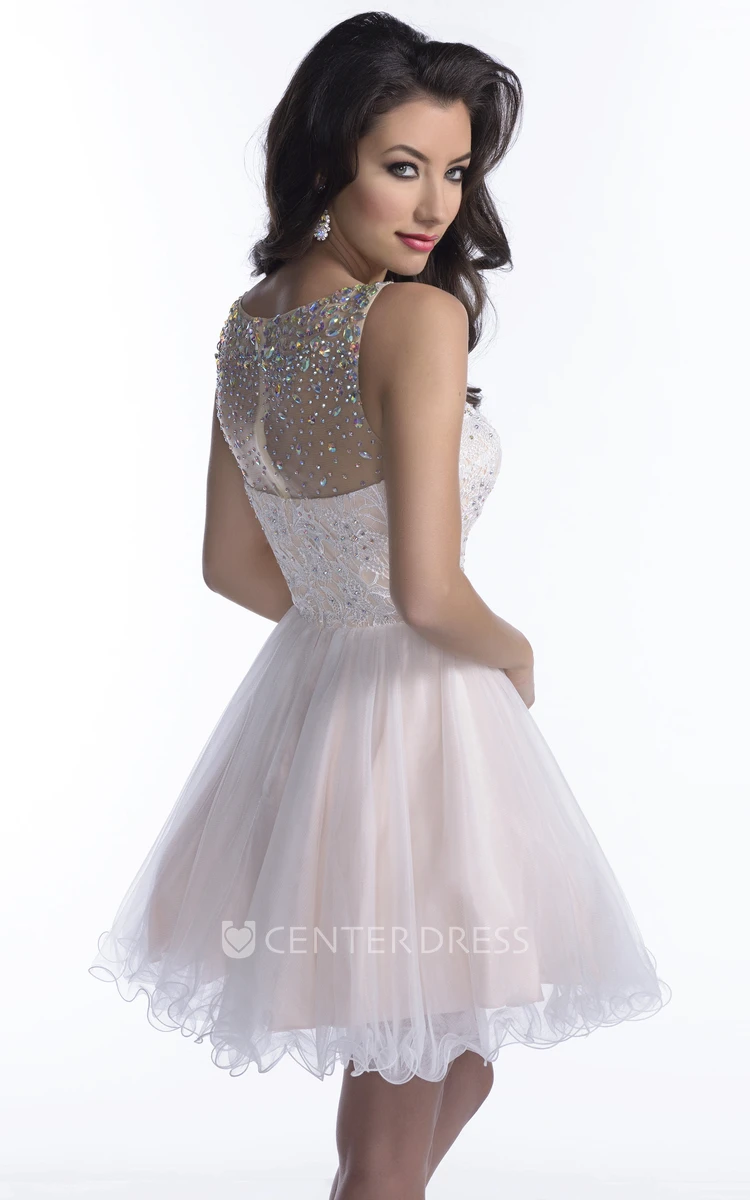 Lace And Tulle A-Line Mini Prom Dress With Top Rhinestones
