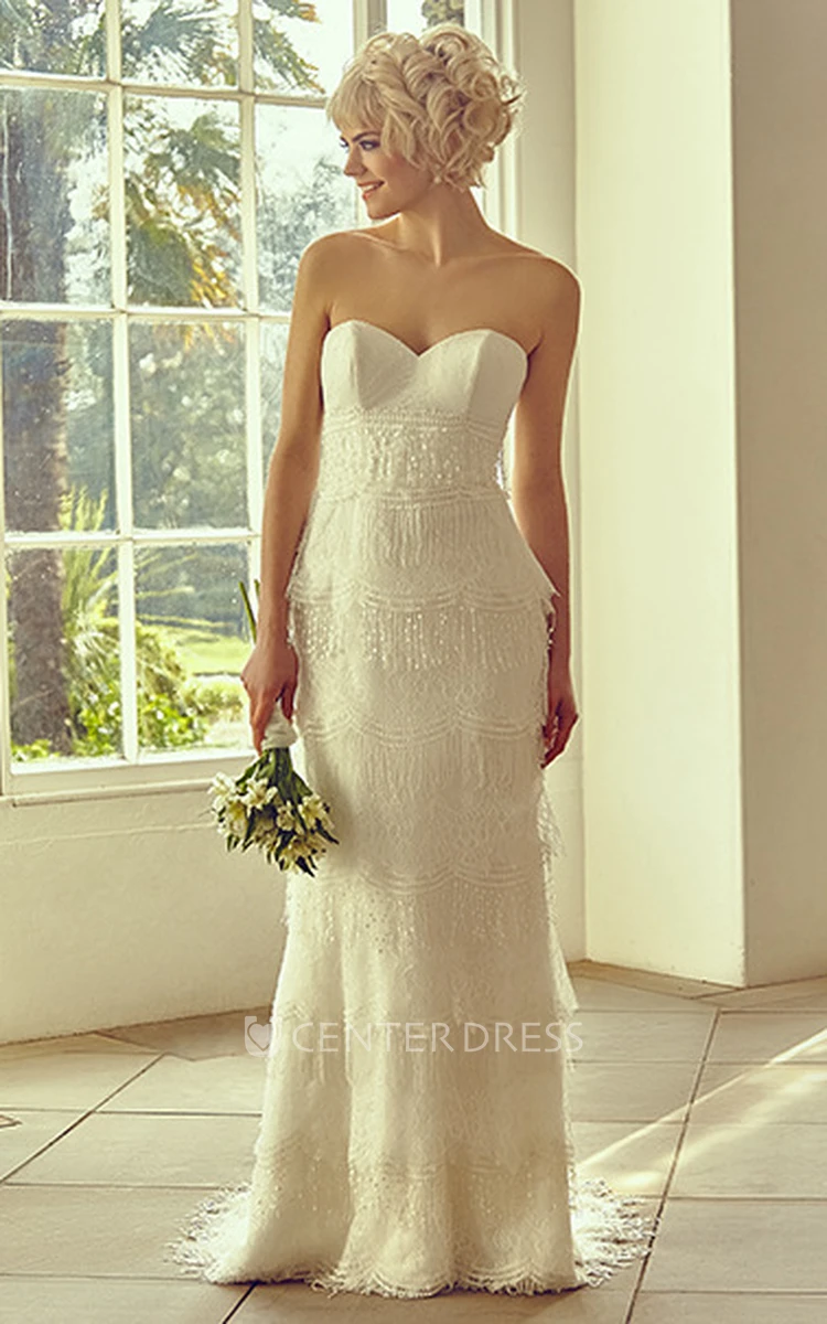 Floor-Length Sweetheart Tiered Lace Wedding Dress With Brush Train