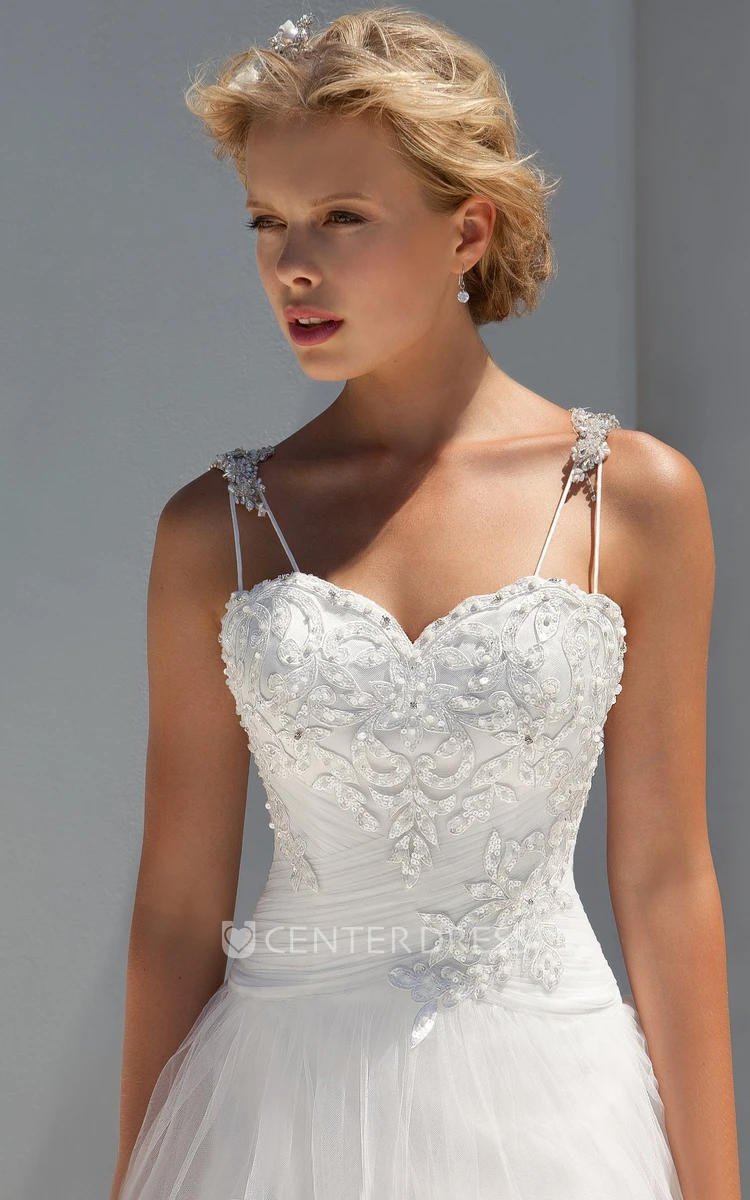 A-Line Sleeveless Floor-Length Appliqued Spaghetti Tulle Wedding Dress With Sequins And Ruching