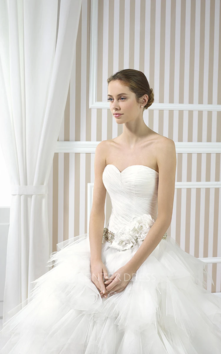 A-Line Tiered Sweetheart Tulle Wedding Dress With Criss Cross And Flower