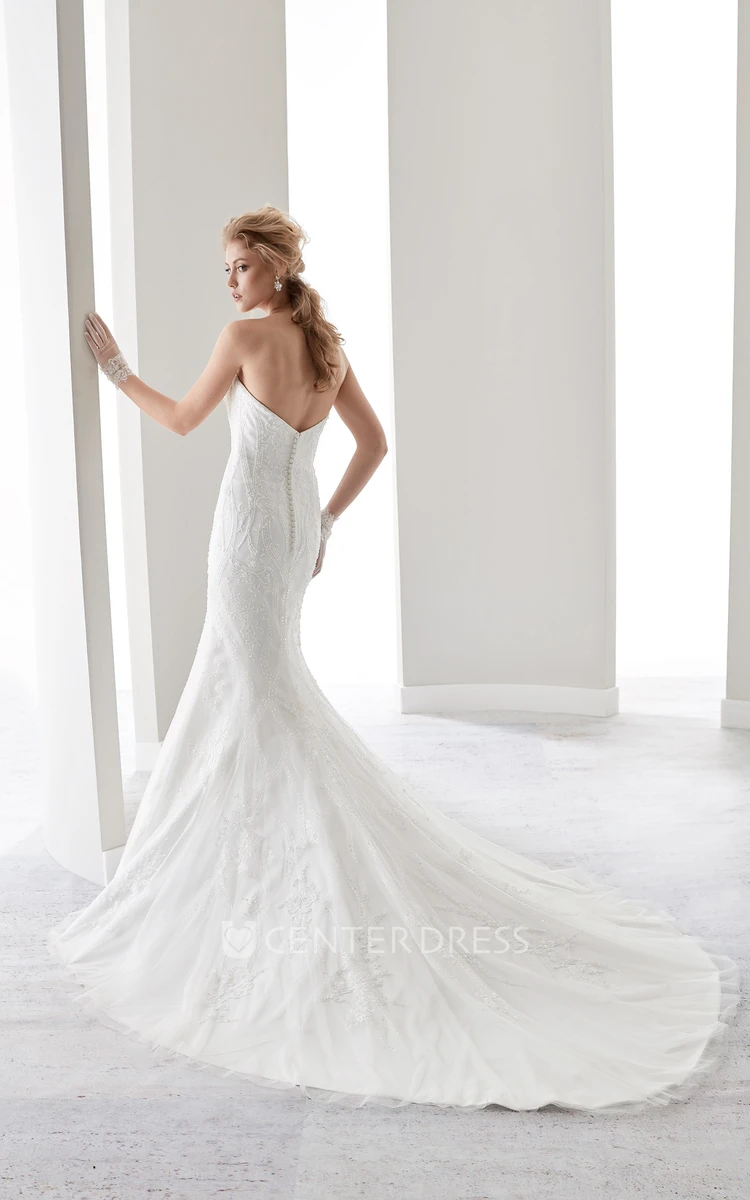 Strapless Sheath Lace Bridal Gown With Court Train And Half Back