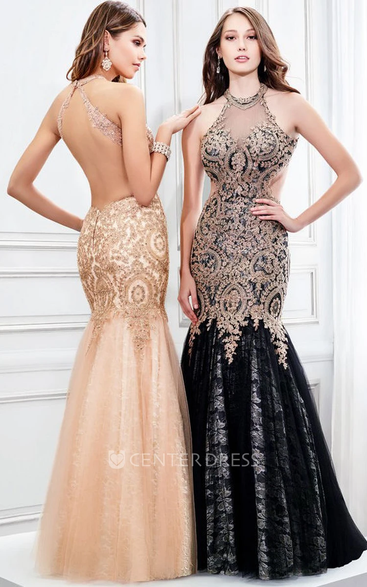 Mermaid High Neck Sleeveless Appliqued Tulle Prom Dress With Keyhole