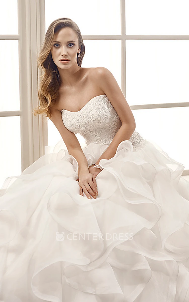 A-Line Appliqued Strapless Long Organza Wedding Dress With Cascading Ruffles And Court Train