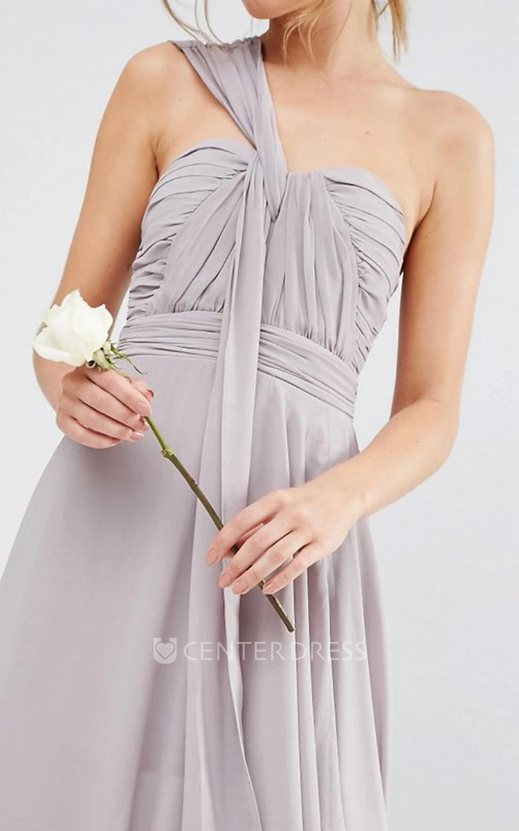 Ankle-Length Draped Sleeveless One-Shoulder Chiffon Bridesmaid Dress