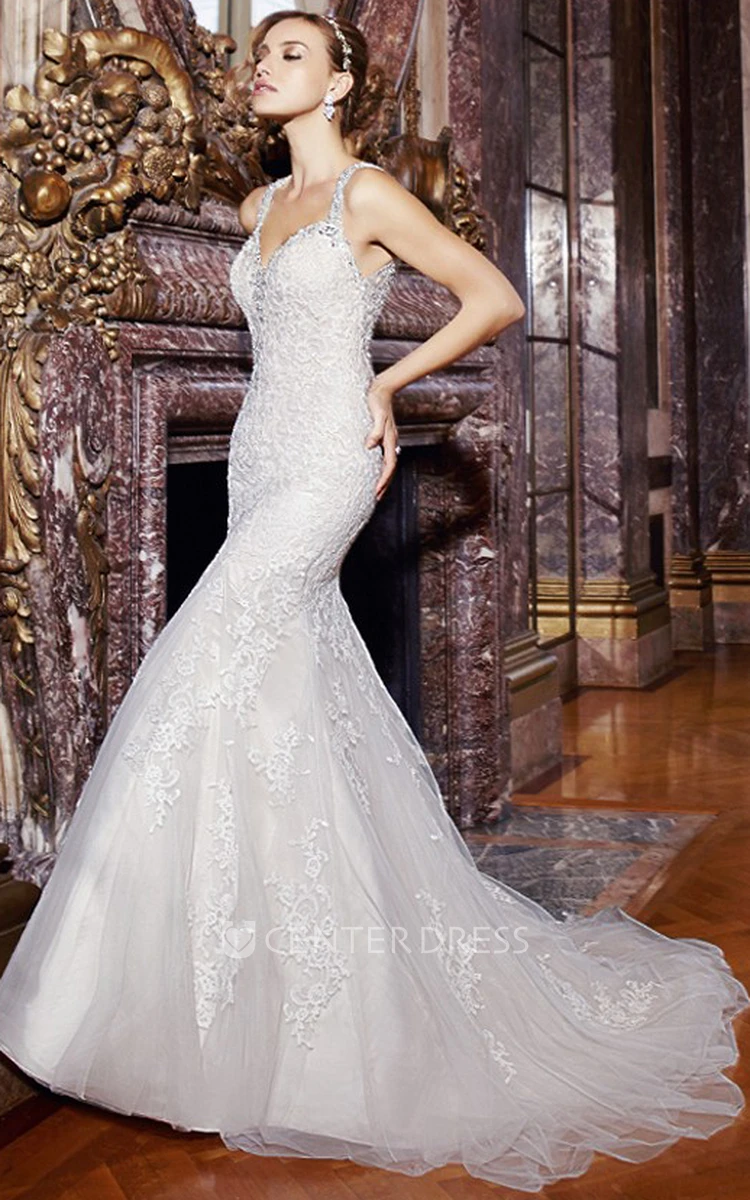 Mermaid Sleeveless Appliqued Maxi Strapless Lace Wedding Dress With Court Train And Keyhole Back