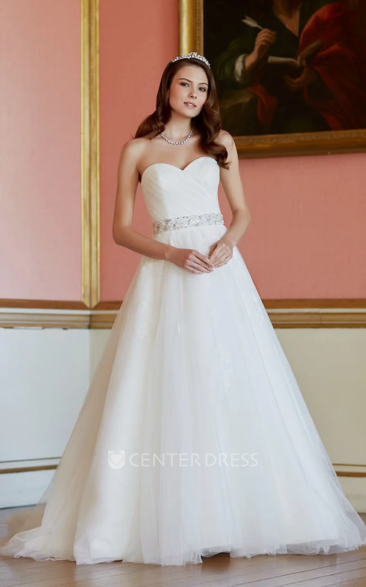 A-Line Jeweled Long Sweetheart Tulle Wedding Dress With Criss Cross And V Back