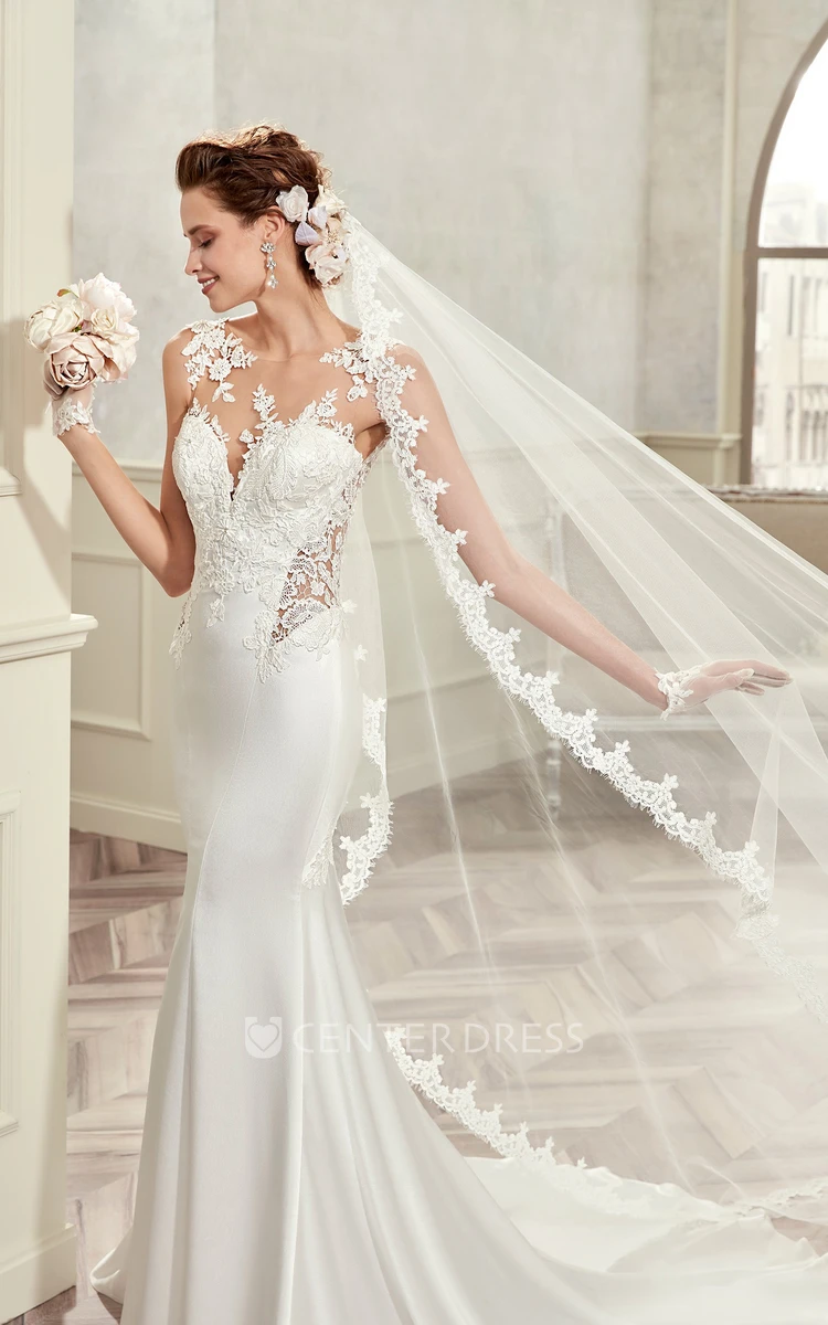 Open-Back Sheath Bridal Gown With Lace Appliques And Illusion Waist