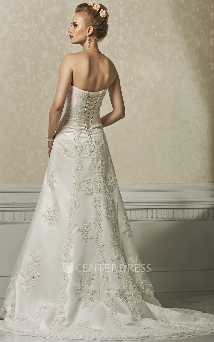 A-Line Floor-Length Strapless Sleeveless Appliqued Lace&Satin Wedding Dress