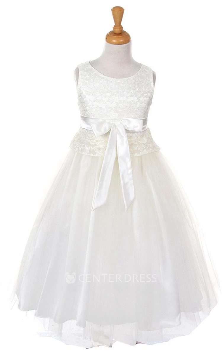 Tea-Length Sleeveless Tulle&Lace Flower Girl Dress
