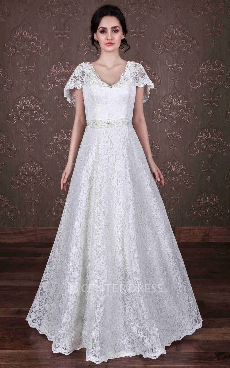A-Line Poet-Sleeve V-Neck Lace Wedding Dress With Waist Jewellery