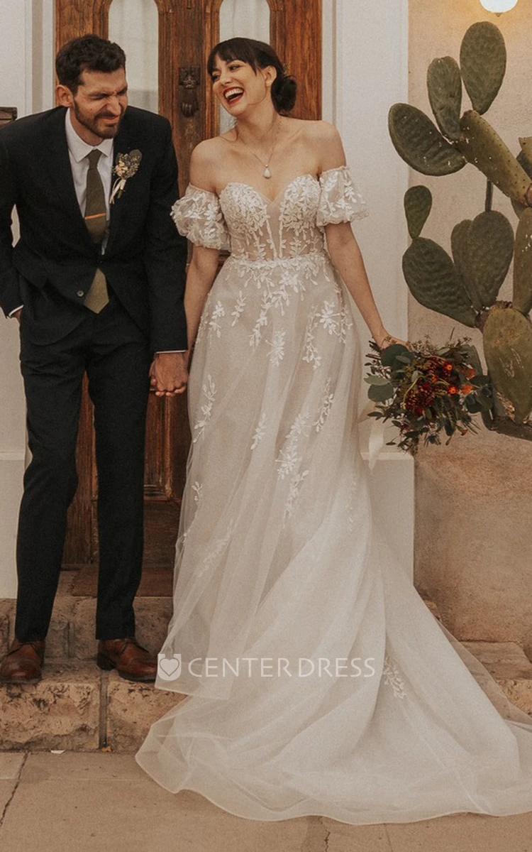 Off-Shoulder Tulle A-Line Wedding Dress with Train Elegant Modern