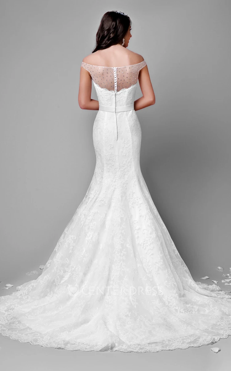 Off-The-Shoulder A-Line Lace Gown With Illusion Back And Sequins
