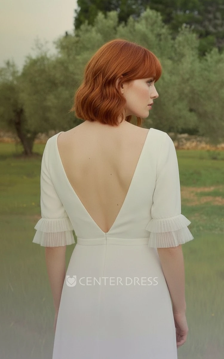 Modern Puff Sleeve Minimalist Wedding Dress Simple Satin Open Back Bridal Gown with Slit