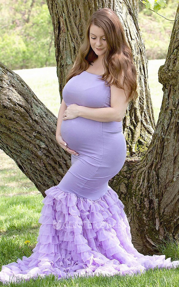Mermaid Chiffon Jersey Strapless Sleeveless Ruched Tiers Maternity Dress