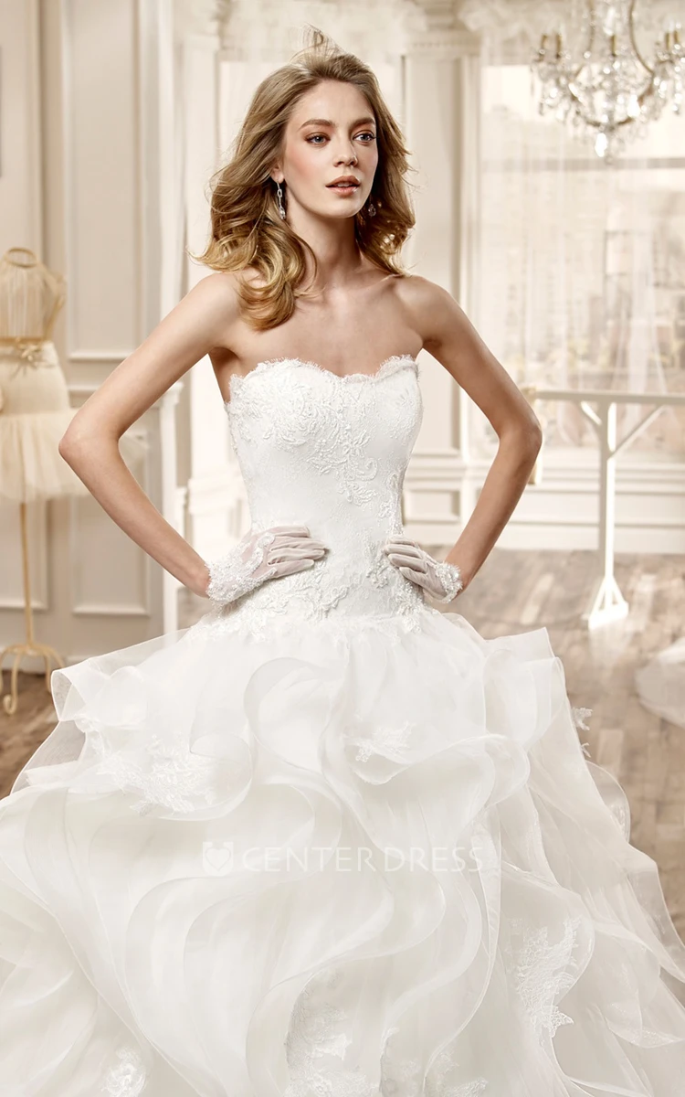 Strapless Long Wedding Dress With Cascading Ruffles and Low Back 