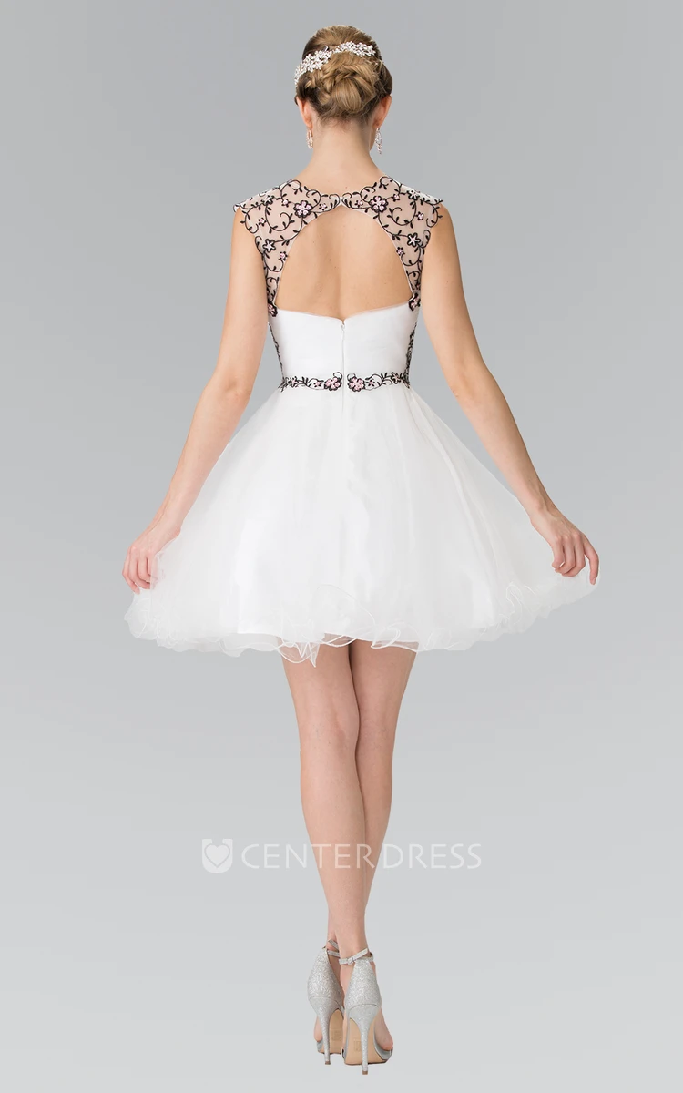 A-Line Mini Jewel-Neck Cap-Sleeve Tulle Satin Keyhole Dress With Ruching And Appliques