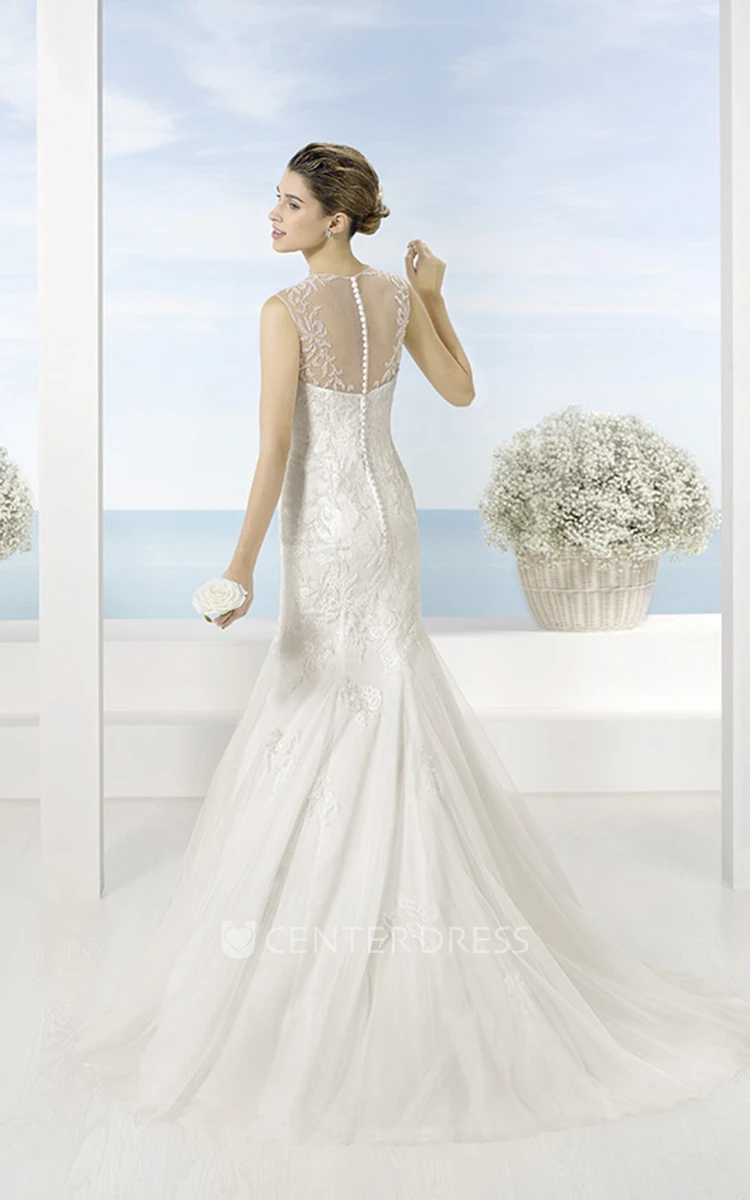Trumpet Scoop Floor-Length Sleeveless Appliqued Lace Wedding Dress With Court Train And Illusion Back