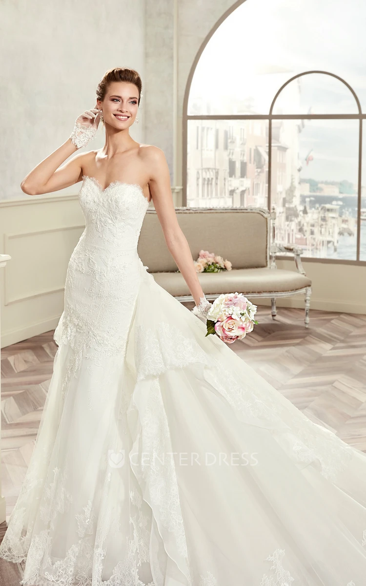 Sweetheart Lace Long Gown With Detachable Tier Train And Open Back