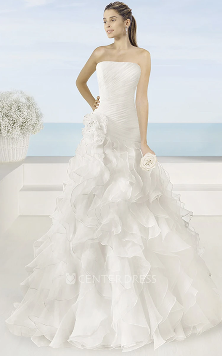 A-Line Long Ruched Sleeveless Strapless Organza Wedding Dress With Flower And Cascading Ruffles
