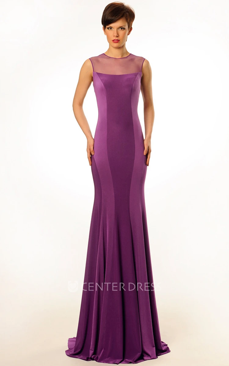 Pencil Jewel Pleated Maxi Sleeveless Jersey Prom Dress With Illusion Back And Sweep Train