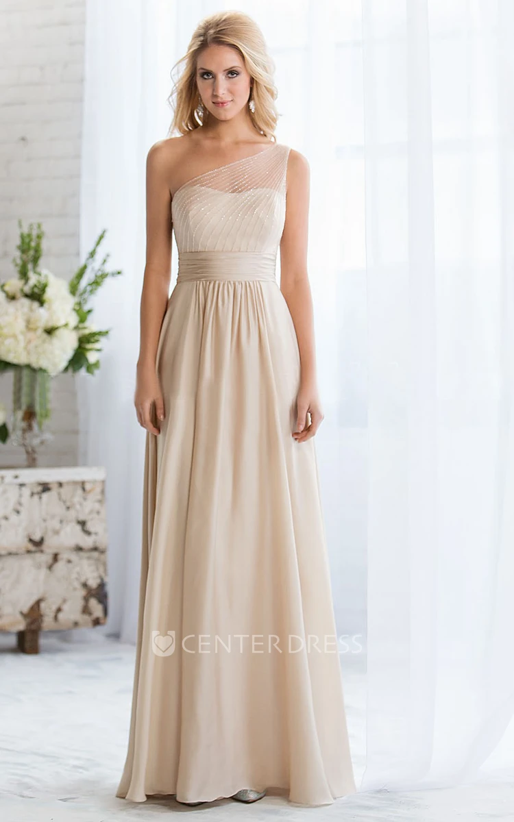 One-Shoulder A-Line Long Bridesmaid Dress With Beadings And Illusion Style