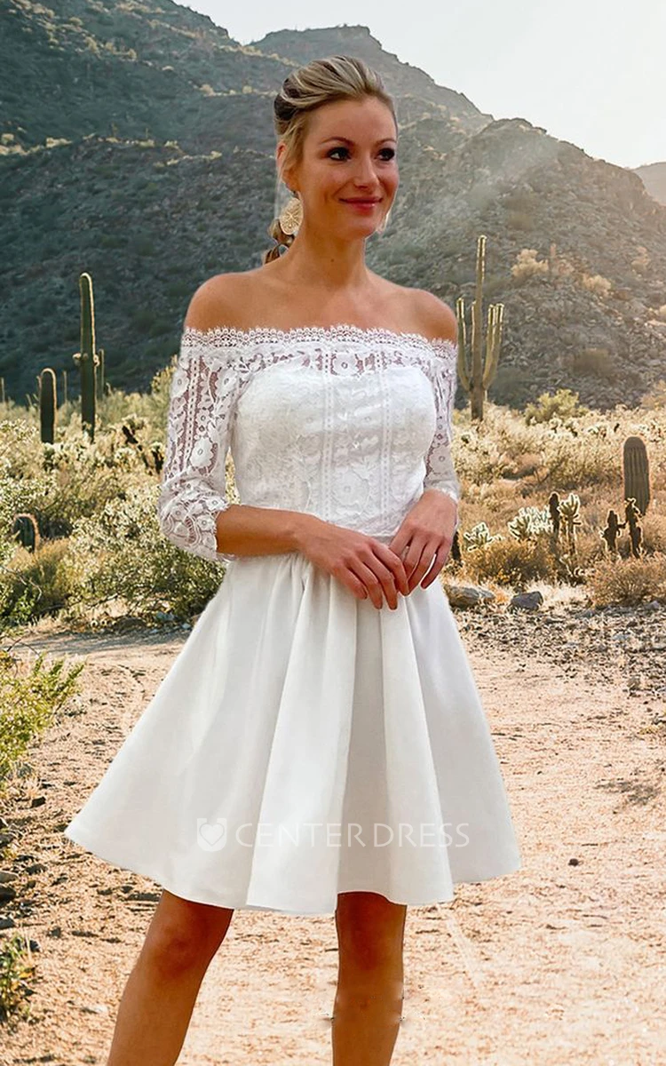 Informal Lace 3/4 Length Sleeve Illusion A Line Wedding Dress with Ruching