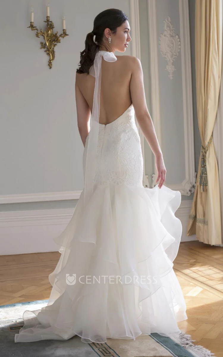 A-Line Floor-Length Sleeveless Haltered Organza&Lace Wedding Dress